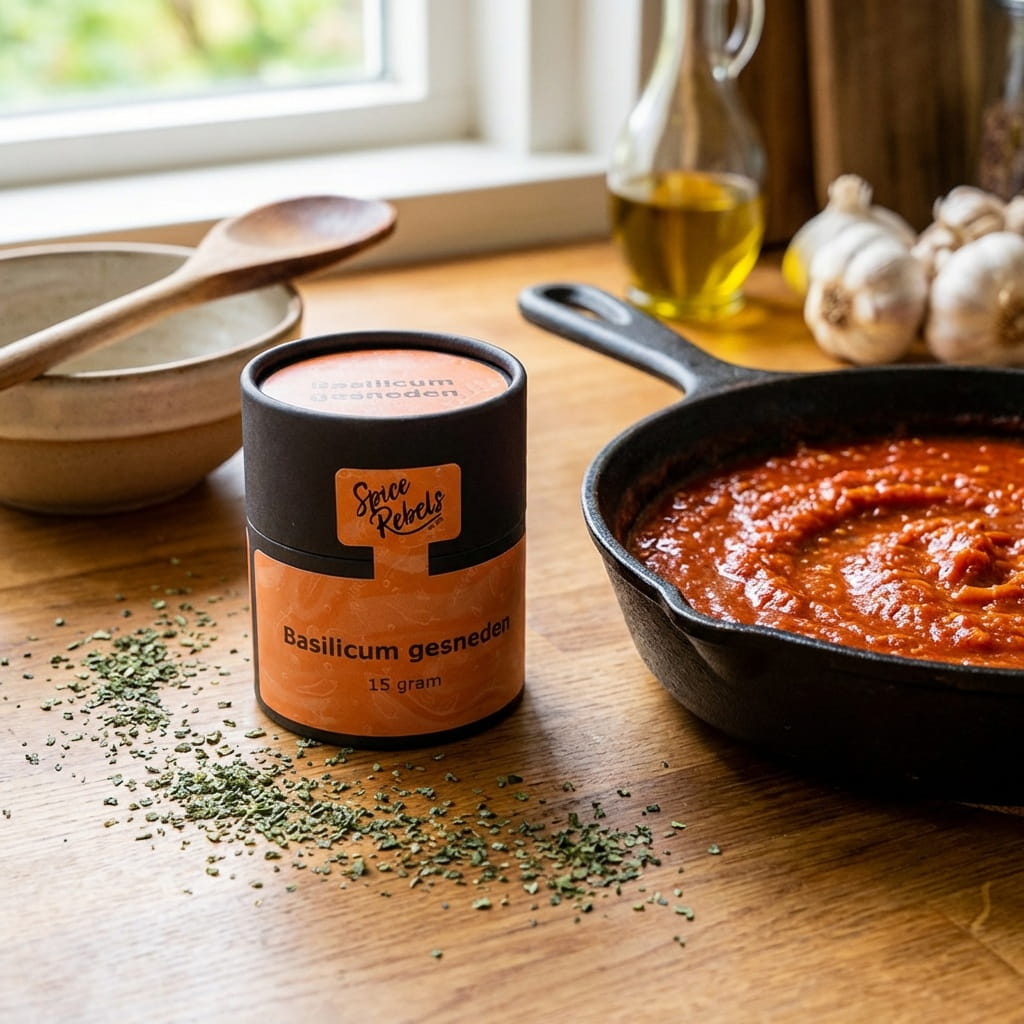 Pastasaus met gedroogde basilicum